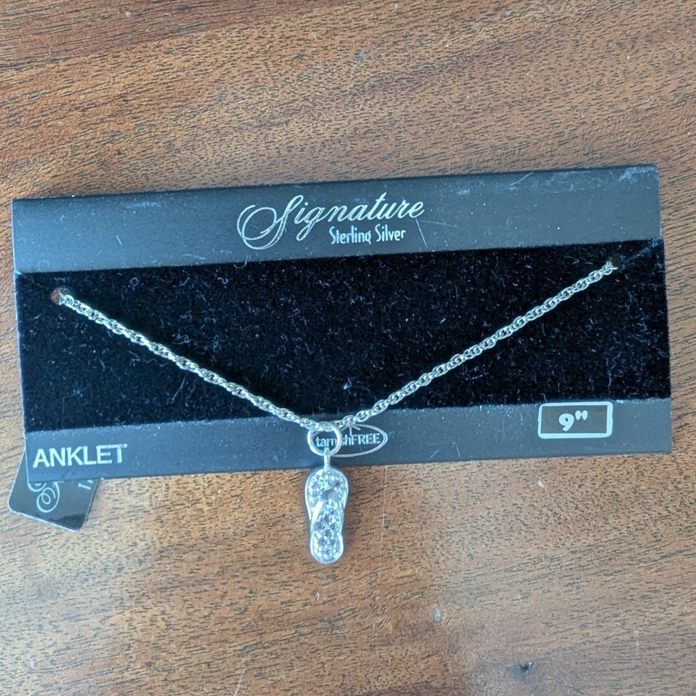 Signature Anklet Sterling Silver 925 Flip Flop Crystal Tarnish Free 9 In‎ Beachy